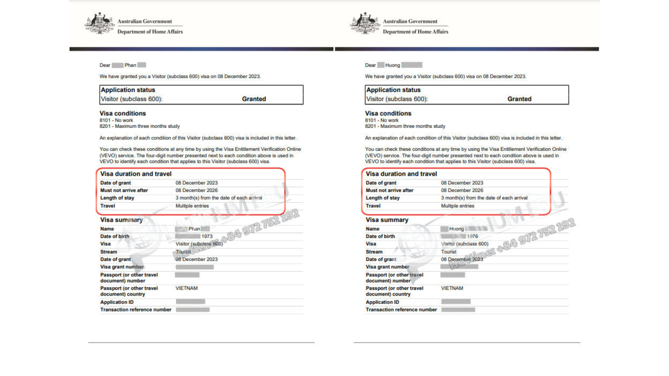 Visa Úc cho chị Hương, anh Phan