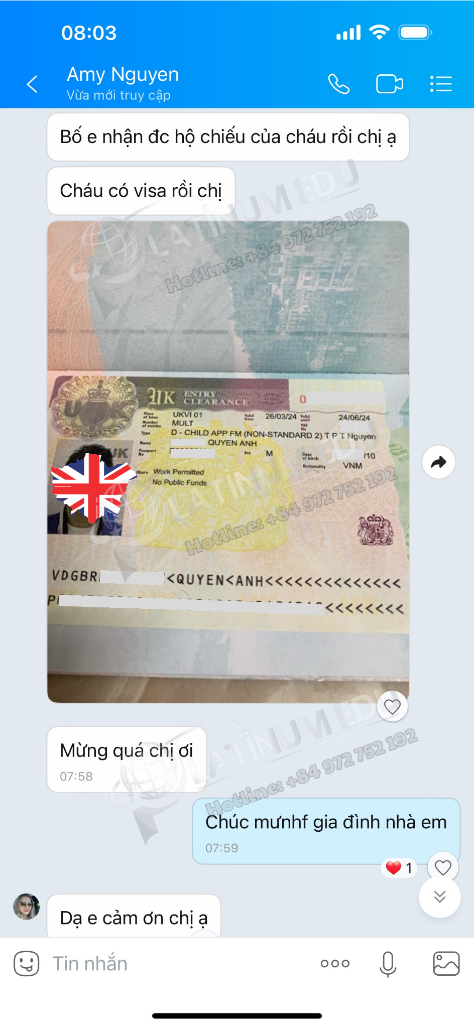 Sự vui mừng của Chị Thảo khi nhận được Visa định cư Anh Quốc cho con