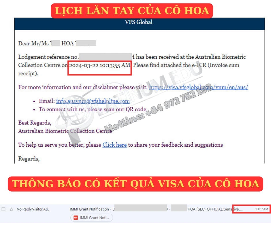 Lịch lăn tay và thông báo có kết quả Visa Úc ngay sau khi lăn tay của Cô Hoa
